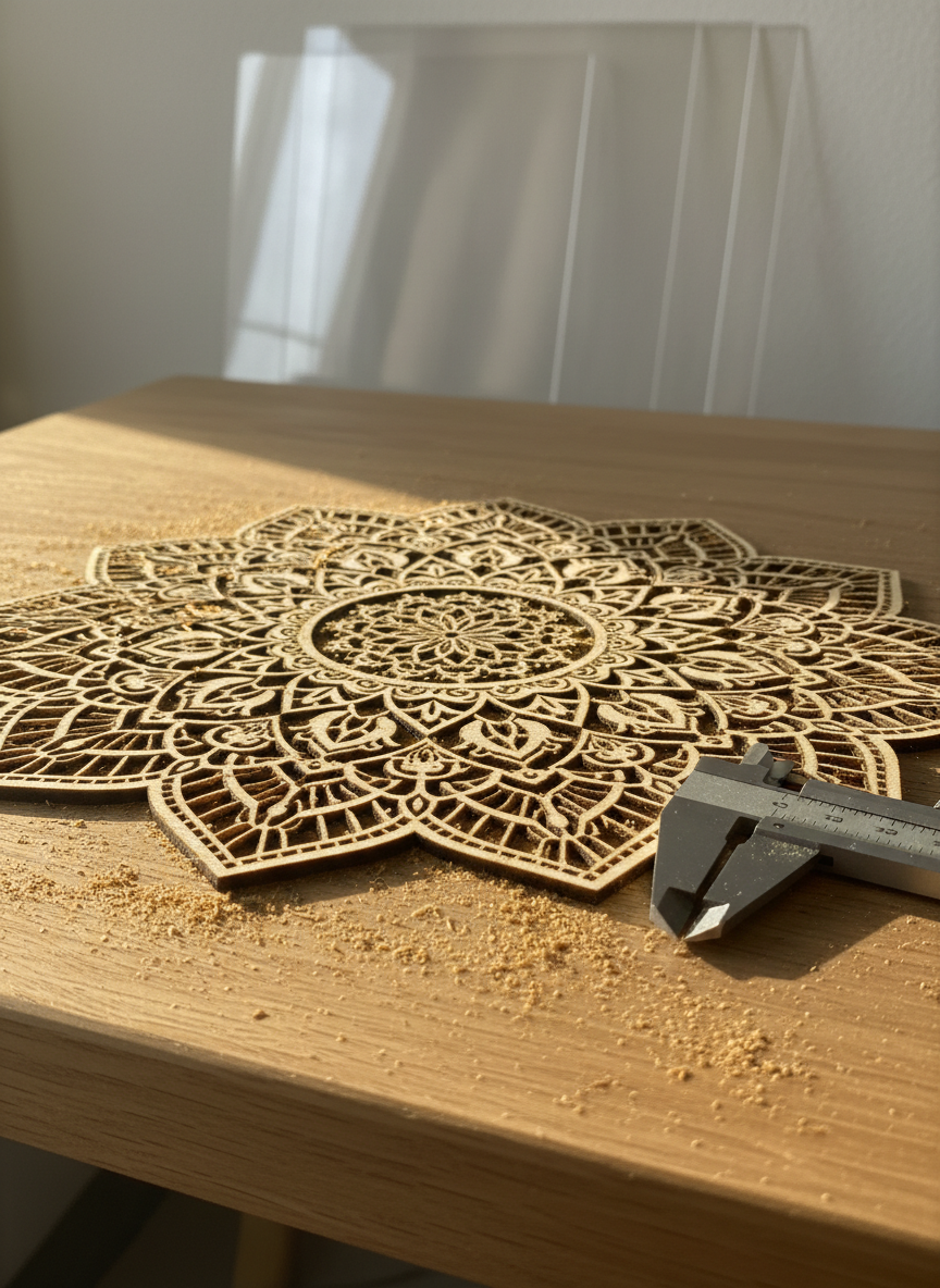 A close-up, photographic view of a detailed laser-cut mandala made from light maple wood, its intricate patterns radiating outward with flawless precision. The mandala rests on a smooth natural oak workbench scattered with fine wood dust, a metal caliper, and neatly stacked acrylic sheets in the background. Soft, diffused daylight streams in from an unseen window, creating gentle highlights along the finely cut edges and emphasizing the warm tones of the wood grain. Shot from a low, side angle with a shallow depth of field, the front edge of the mandala is razor-sharp while the tools and materials blur softly, evoking a calm, artisanal atmosphere focused on craftsmanship and detail.