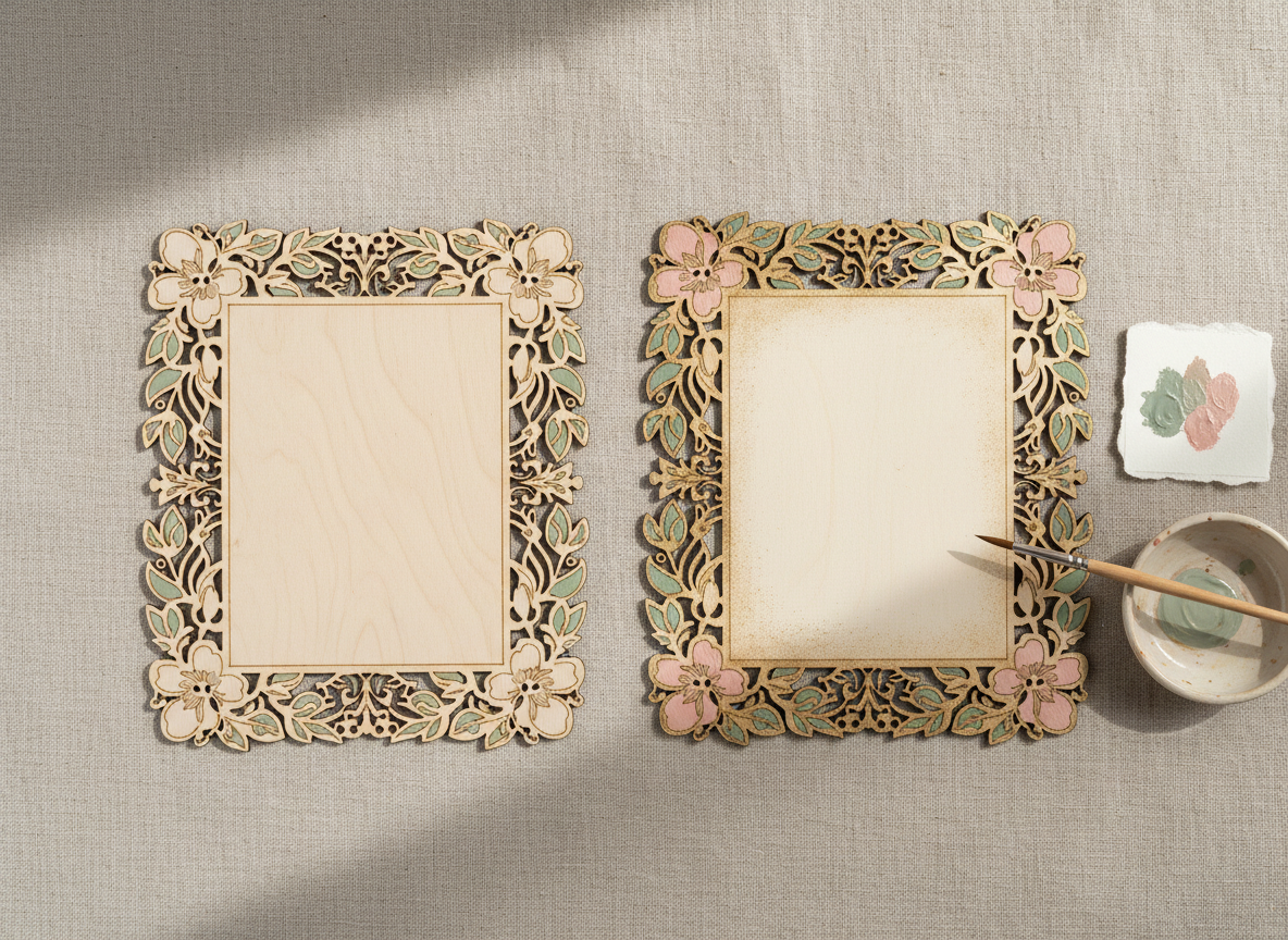 A side-by-side arrangement of two laser-cut signs on a neutral linen backdrop: one is raw, unfinished birch plywood with delicate floral borders and blank space for custom text, and the other is the same design fully handpainted in soft sage green, blush pink, and gold accents. Small paint samples are dabbed on a card nearby, and a slender detail brush rests across a ceramic mixing dish. Soft, natural window light from the left creates gentle highlights in the painted areas and subtle shadows in the cut lines, enhancing their precision. Captured from an overhead angle with sharp focus throughout, the photographic image conveys the transformation from ready-to-paint blank to finished artwork, emphasizing customization and creative involvement.
