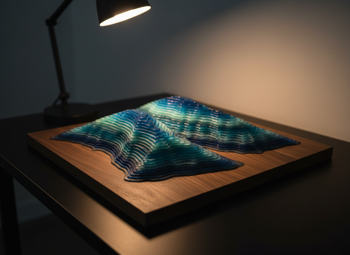 A dramatic close-up of a layered acrylic topographic map artwork, each contour line laser-cut from different shades of blue and teal acrylic, stacked to form a three-dimensional landscape. The piece rests on a dark walnut board with a silky, oiled finish, placed on a minimalist black desk. A single angled desk lamp casts focused, warm light across the artwork, creating defined shadows between the layers and glossy highlights on the acrylic surfaces. Shot from a steep, three-quarter angle with a shallow depth of field, the nearest contours are in sharp detail while the far edges fall softly out of focus, producing a striking, contemporary, photographic image that showcases advanced, artistic uses of laser cutting beyond traditional signs.