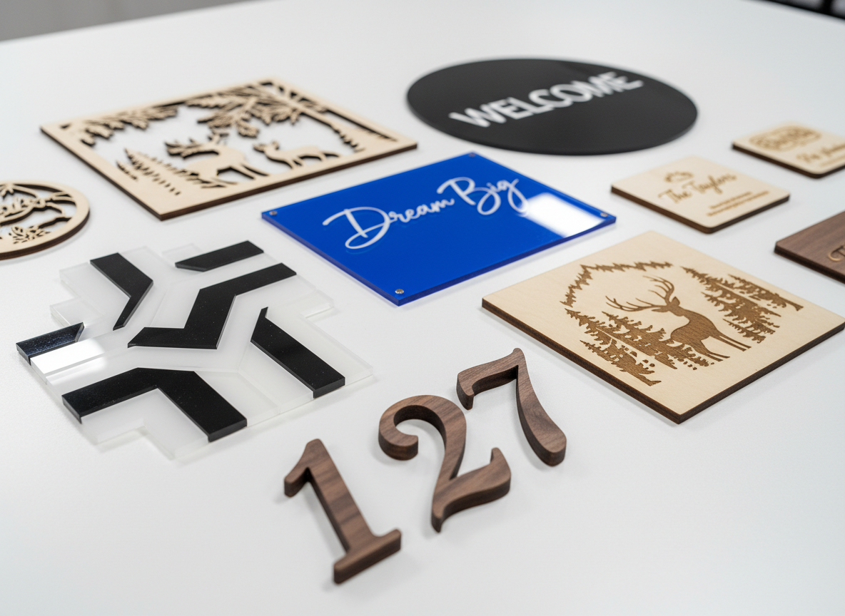 A collection of intricately laser-cut wooden and acrylic signs arranged on a clean white studio table, showcasing a variety of styles from elegant script house numbers to bold, geometric wall art. The wood pieces display natural grain with smooth, sanded edges, while the acrylic signs gleam in glossy black, frosted white, and translucent jewel tones. Soft, even studio lighting from above creates gentle reflections on the acrylic surfaces and subtle shadows under each piece, emphasizing depth and precision. Photographed at a slightly elevated angle with a shallow depth of field, the foreground signs are in sharp focus while the background gradually blurs, conveying a modern, professional, photographic realism that highlights craftsmanship and customization possibilities.