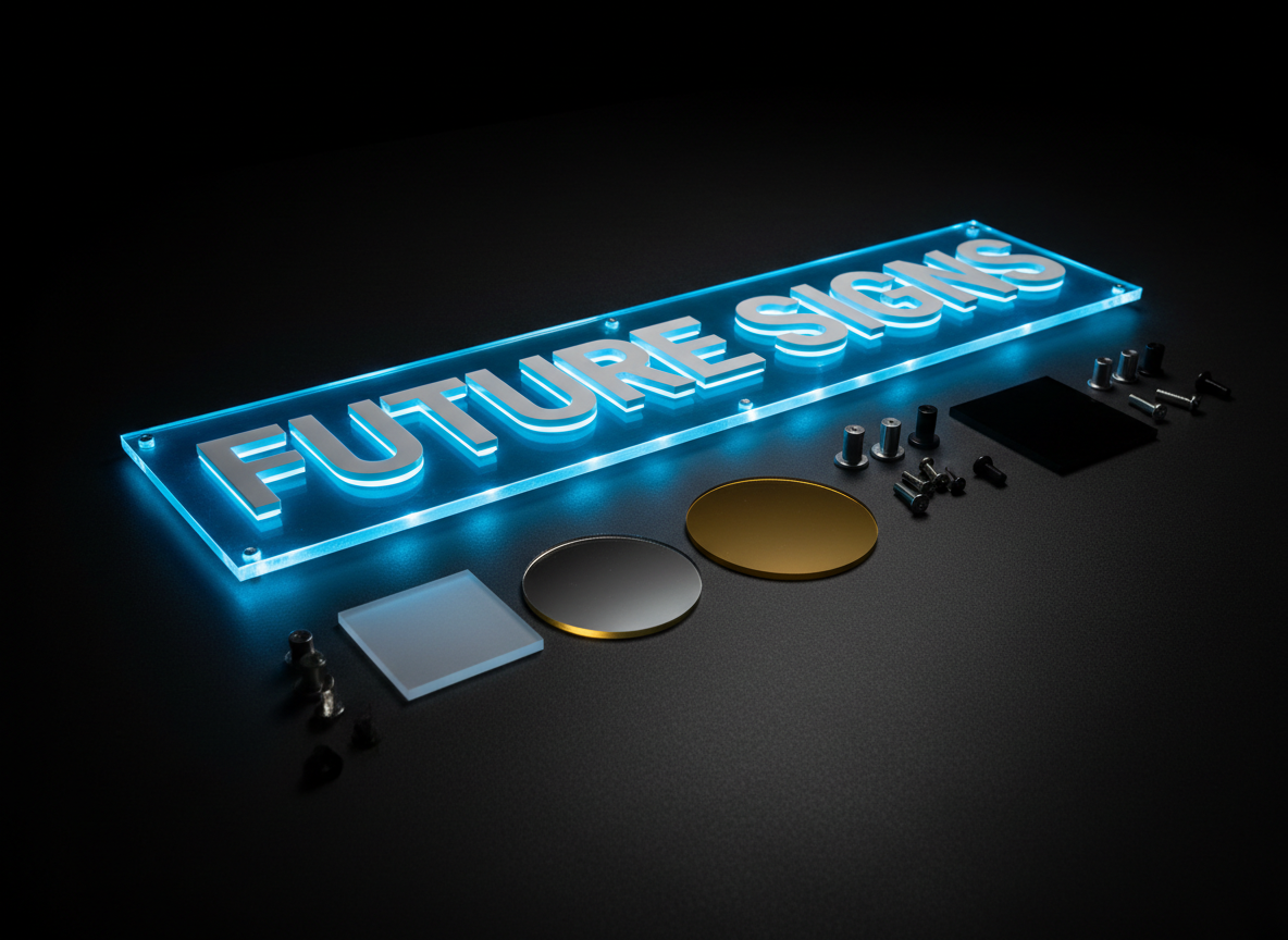 A bold, illuminated laser-cut acrylic business sign resting on a matte black tabletop, featuring raised white letters and a translucent neon-blue backing that glows subtly from integrated LED strip lighting. Around it lie neatly arranged color swatches of different acrylics—frosted, mirrored, and opaque—along with metal standoffs and mounting hardware. The scene is lit by dramatic side lighting in a darkened studio, causing the edges of the acrylic to catch the light and the blue glow to reflect faintly on the tabletop. Photographed at a low angle with a shallow depth of field, the glowing sign dominates the frame, creating a futuristic, high-impact, photographic realism aesthetic ideal for showcasing modern commercial laser signage.
