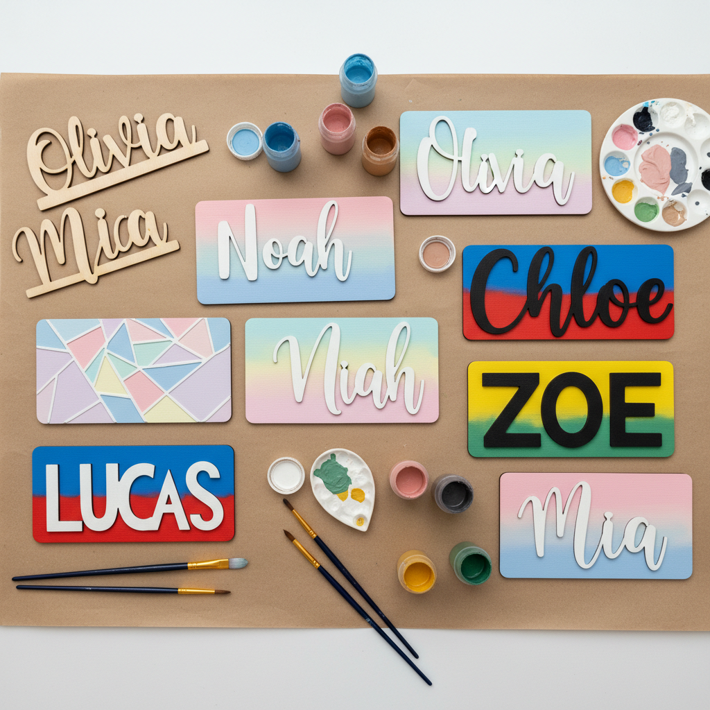 An array of laser-cut, handpainted wooden name signs laid out on kraft paper, each featuring different color palettes and lettering styles. Some signs showcase pastel ombré backgrounds with crisp white script, while others use bold, primary colors behind matte black lettering. Small painter’s jars, fine-tipped brushes, and a paint palette with mixed hues sit nearby, with a few unpainted raw wood signs waiting in the corner of the composition. Overhead diffused studio lighting provides even illumination, bringing out the textures of acrylic paint and natural wood. Captured from a top-down, flat-lay perspective with sharp focus across the frame, the photographic image exudes a creative, customizable, DIY-friendly mood that highlights both finished and ready-to-paint options.