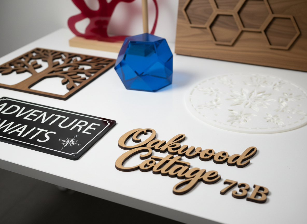 A collection of intricately laser-cut wooden and acrylic signs arranged on a clean white studio table, showcasing a variety of styles from elegant script house numbers to bold, geometric wall art. The wood pieces display natural grain with smooth, sanded edges, while the acrylic signs gleam in glossy black, frosted white, and translucent jewel tones. Soft, even studio lighting from above creates gentle reflections on the acrylic surfaces and subtle shadows under each piece, emphasizing depth and precision. Photographed at a slightly elevated angle with a shallow depth of field, the foreground signs are in sharp focus while the background gradually blurs, conveying a modern, professional, photographic realism that highlights craftsmanship and customization possibilities.