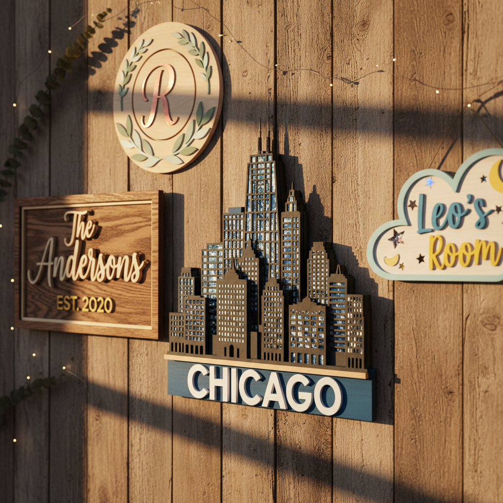 A rustic wooden wall decorated with a gallery of laser-cut signs: a layered family name plaque, a circular floral monogram, an intricate city skyline silhouette, and a whimsical children’s room name sign with cutout stars. Each piece combines stained wood, painted accents, and occasionally mirrored acrylic inlays that catch the light. Warm, late-afternoon sunlight streams in from the side, casting long, soft shadows that emphasize dimension and layering. The photographic composition uses the rule of thirds, with one standout piece in sharp focus and others slightly softer, creating depth and visual interest. The atmosphere is cozy, personalized, and homey, showcasing how custom laser art transforms blank walls into meaningful story displays.